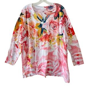 Concepts Blouse Womens Plus 3X 22 Pink Floral V-Neck 3/4 Sleeve Pullover Top